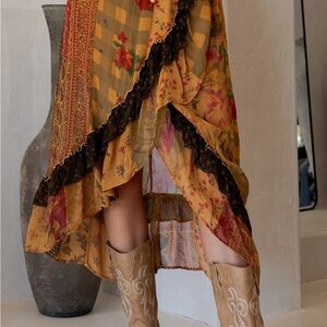 Young Threads Camel Bohemian Floral Maxi Skirt in Mustard and Black
